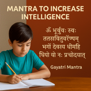Child studying with Gayatri Mantra text, spiritual mantra for intelligence
