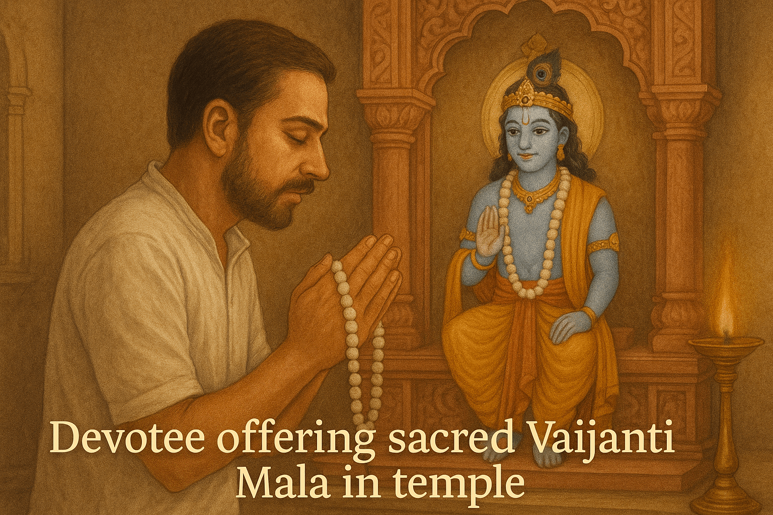 Devotee offering sacred Vaijanti Mala in temple