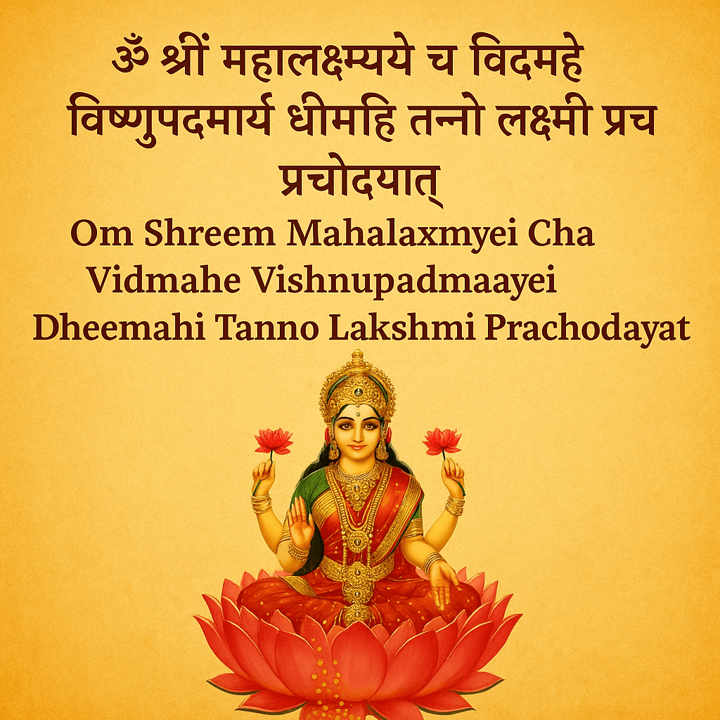 Image of Goddess Mahalakshmi seated on lotus with money mantra text