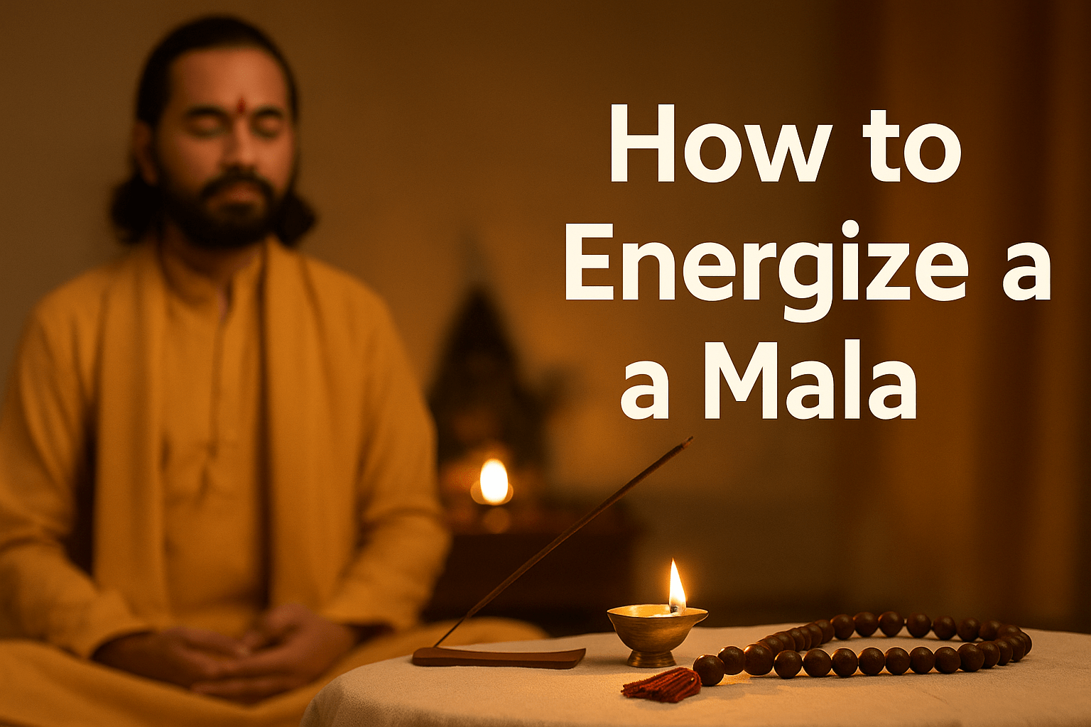 Meditating man with mala and oil lamp – energizing a spiritual rosary