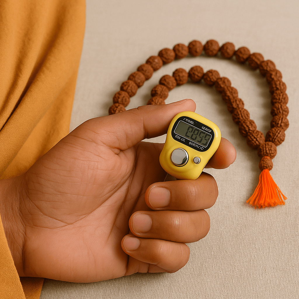 Close-up of a hand holding digital jap counter with number display for chanting