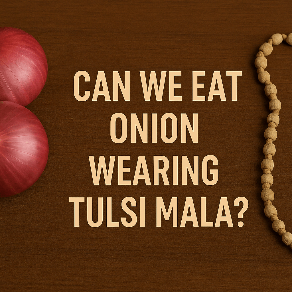 Two red onions and a Tulsi mala placed on wood with question about onion consumption.