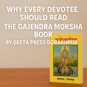 Gajendra Moksha Book by Geeta Press Gorakhpur on wooden table