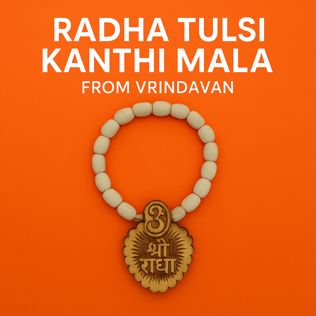 Radha Tulsi Kanthi Mala with Shree Radha Pendant on Orange Background