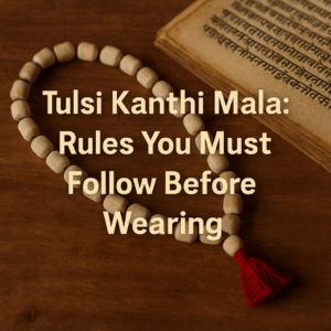 Tulsi Kanthi Mala placed beside an ancient Sanskrit manuscript – blog cover on rules before wearing.
