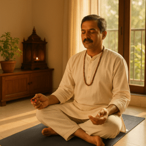 Devotee using digital jaap counter during morning sadhna at home
