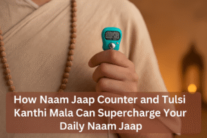 Person holding a digital naam jaap counter with tulsi mala around neck
