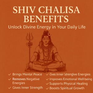 Lord Shiva illustration with Shiv Chalisa benefits listed on orange background