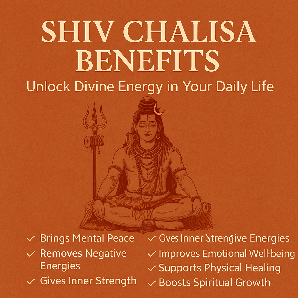 Lord Shiva illustration with Shiv Chalisa benefits listed on orange background