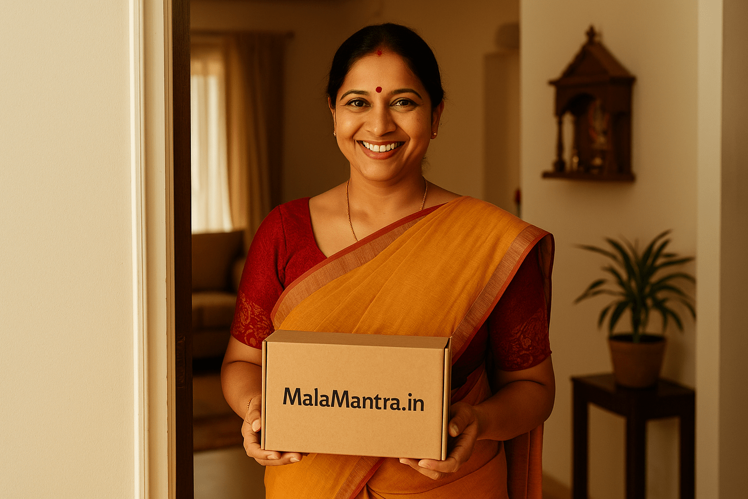 Smiling Indian woman holding MalaMantra.in kraft box after receiving her spiritual order