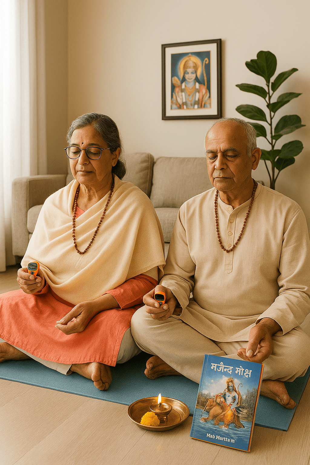 Elderly Indian man doing jaap at home with Tulsi mala and digital counter from MalaMantra.in