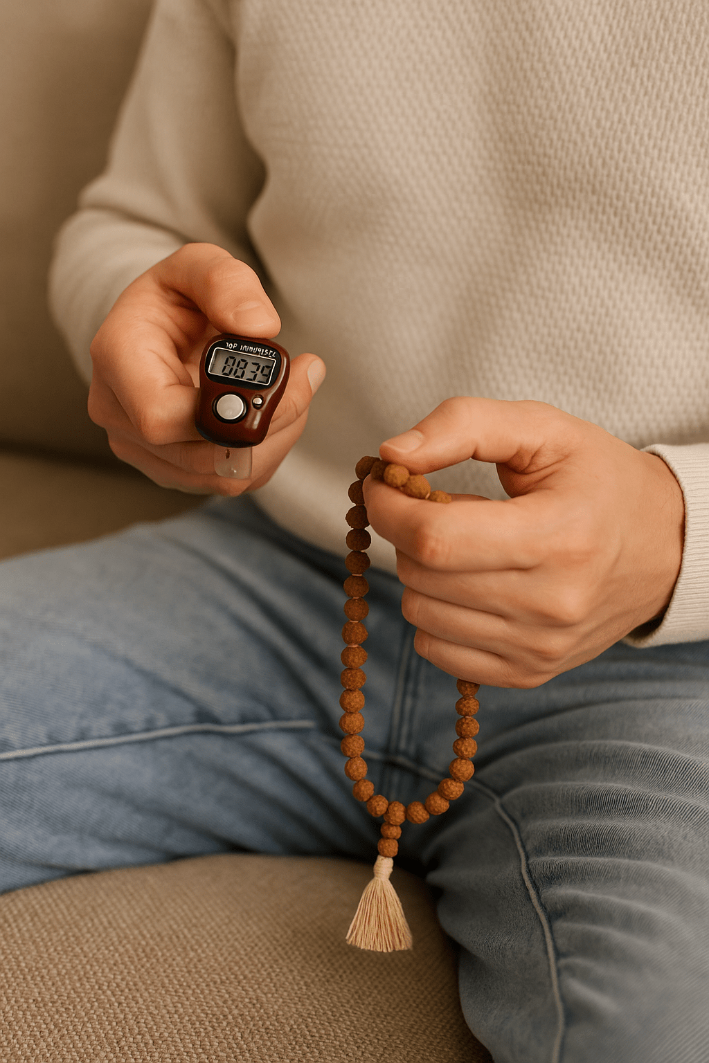 Devotee doing jaap with counter and tulsi mala at home