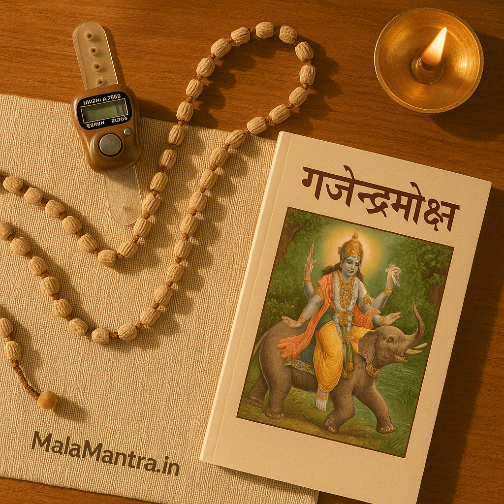 Digital jaap counter with Tulsi mala and Gajendra Moksha book on table