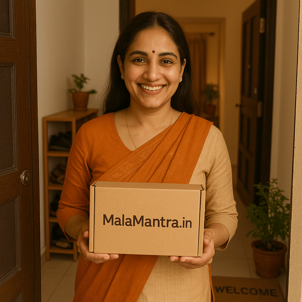 MalaMantra.in kraft mailer box with spiritual order delivery