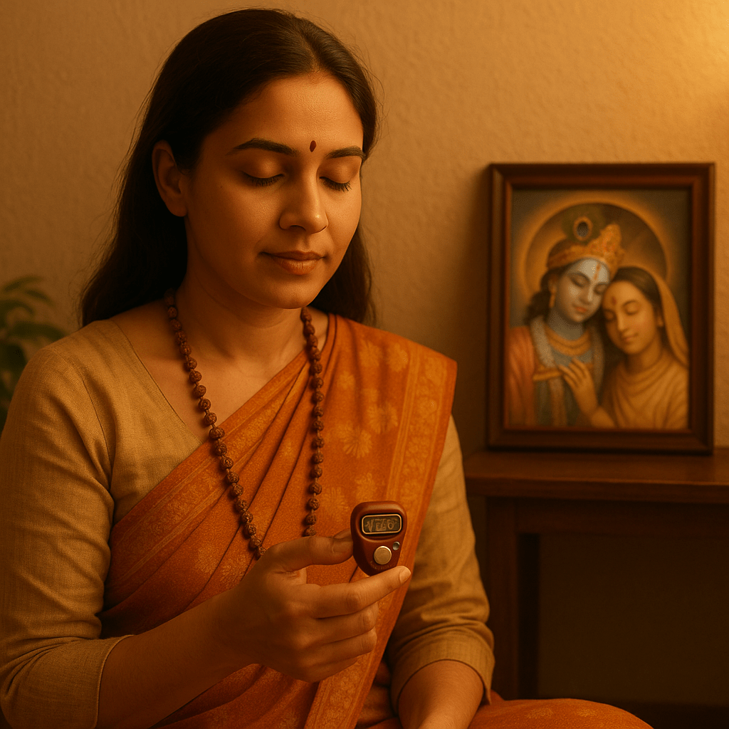 Woman using finger counter for chanting as advised by Premanand Ji Maharaj
