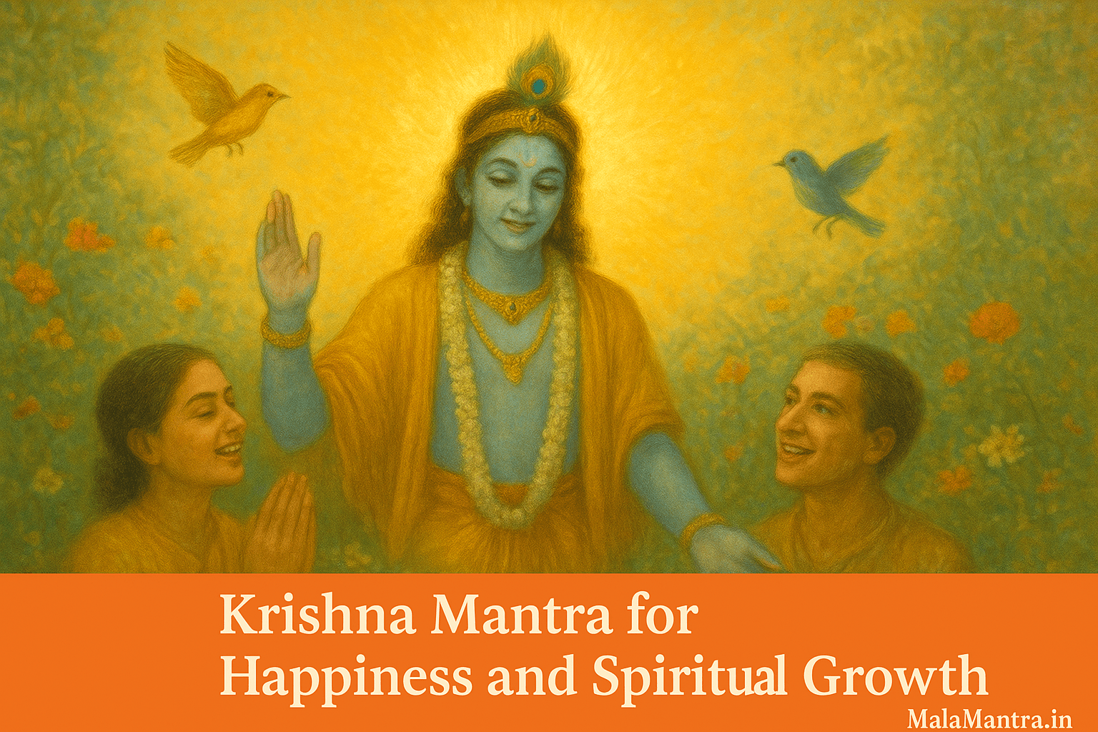Devotee chanting on Tulsi mala with Krishna’s silhouette and golden aura – Krishna’s Mantra to Remove Sorrow | MalaMantra.in