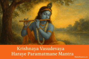 Lord Krishna playing flute under a tree with divine aura – Krishnaya Vasudevaya Haraye Paramatmane Mantra | MalaMantra.in