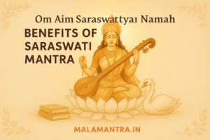 Goddess Saraswati sitting on a lotus with veena, symbolizing wisdom and learning – Om Aim Saraswatyai Namah mantra blog cover