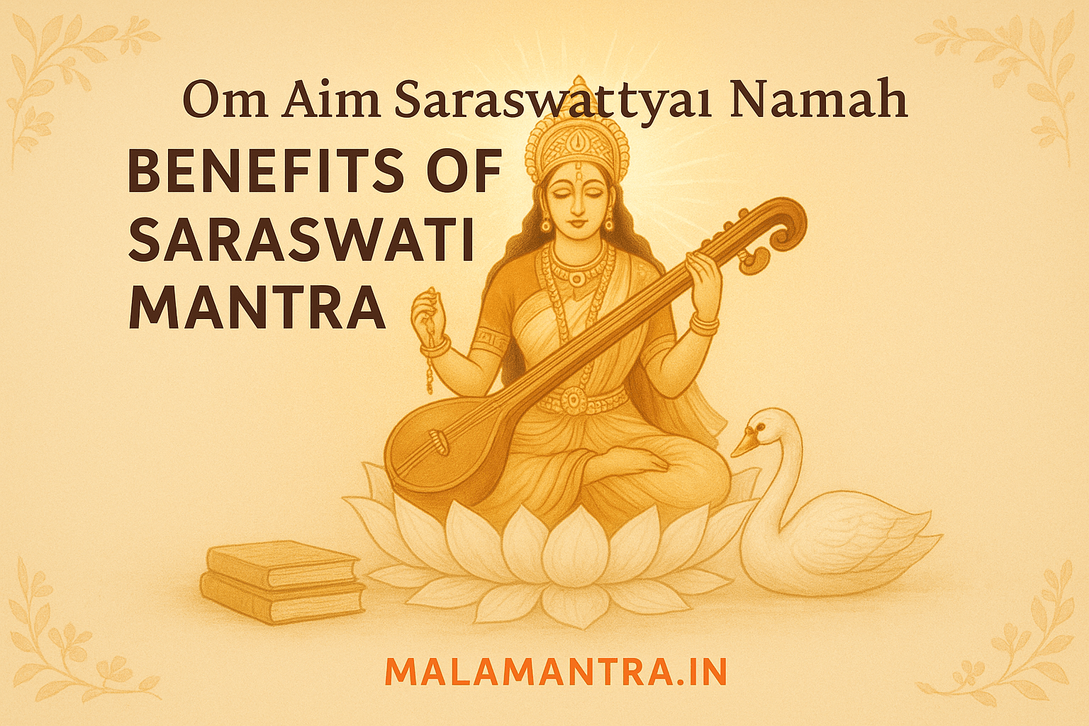 Goddess Saraswati sitting on a lotus with veena, symbolizing wisdom and learning – Om Aim Saraswatyai Namah mantra blog cover