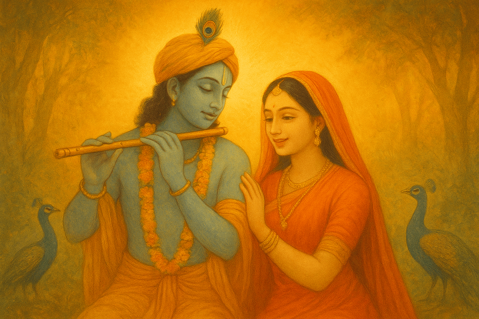 Radha and Krishna in Vrindavan with peacocks, golden divine light, and peaceful devotional aura