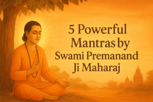 Devotee chanting Hare Krishna Mahamantra under Peepal tree with glowing aura – 5 Powerful Mantras by Swami Premanand Ji Maharaj