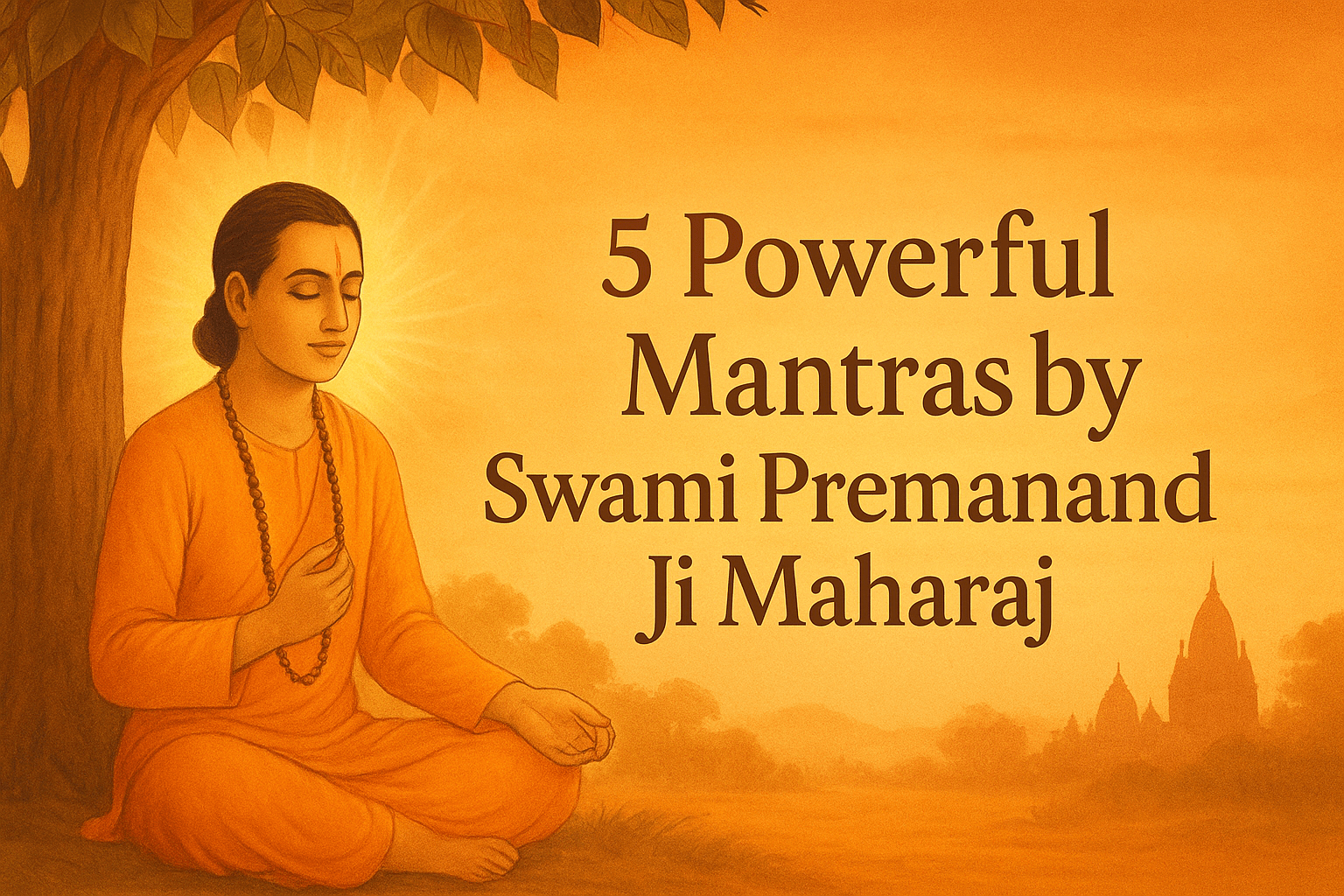 Devotee chanting Hare Krishna Mahamantra under Peepal tree with glowing aura – 5 Powerful Mantras by Swami Premanand Ji Maharaj