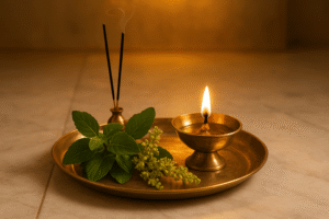 Tulsi manjari and leaves in brass puja thali with diya and incense for Vishnu and Krishna worship