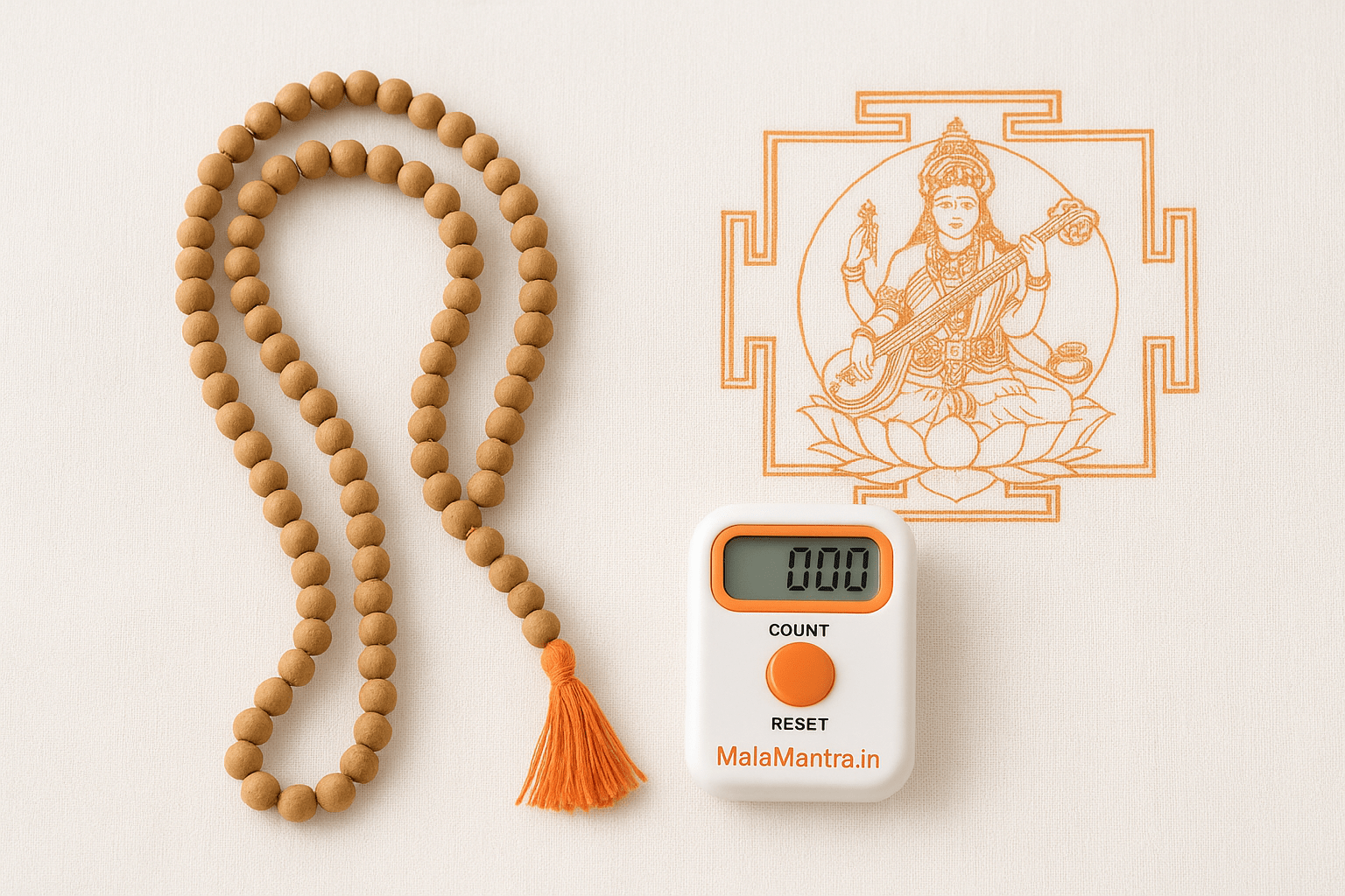 ulsi mala and digital naam jaap counter from MalaMantra.in placed with Saraswati photo for mantra chanting