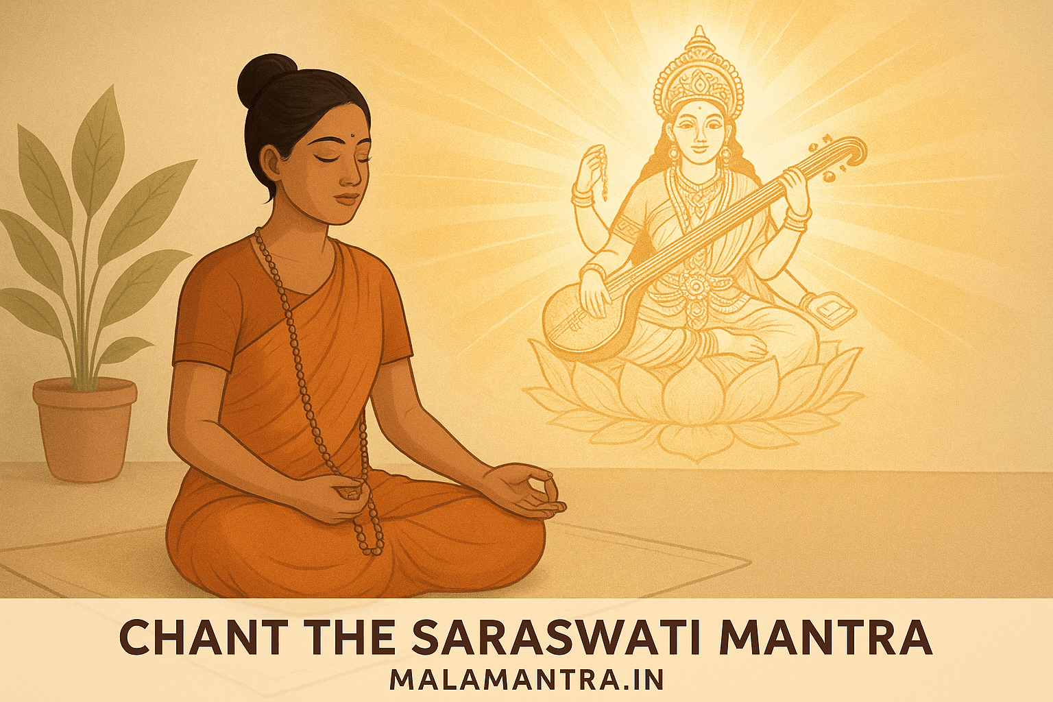 tudent chanting Saraswati mantra with Tulsi mala, receiving divine blessings of wisdom and focus
