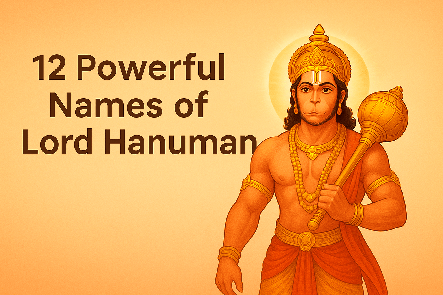 High-resolution image of Lord Hanuman Ji with text ‘12 Powerful Names of Lord Hanuman’ for spiritual blog