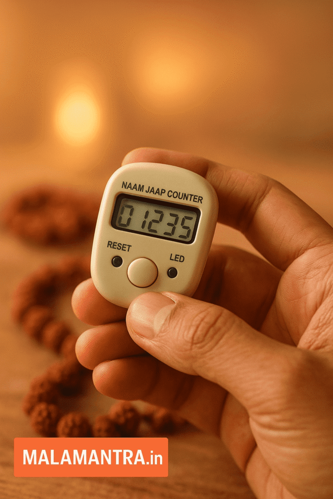Close-up of a real Digital Naam Jaap Counter showing count during spiritual practice in Delhi – MalaMantra.in