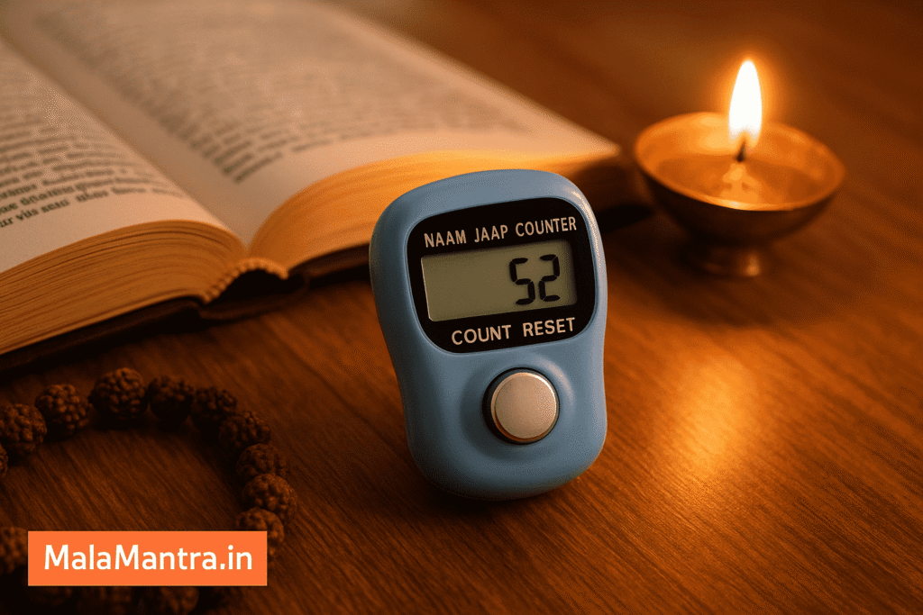 Peaceful setup with a digital Naam Jaap Counter, rudraksha mala, and oil lamp to aid focused meditation and chanting – MalaMantra.in
