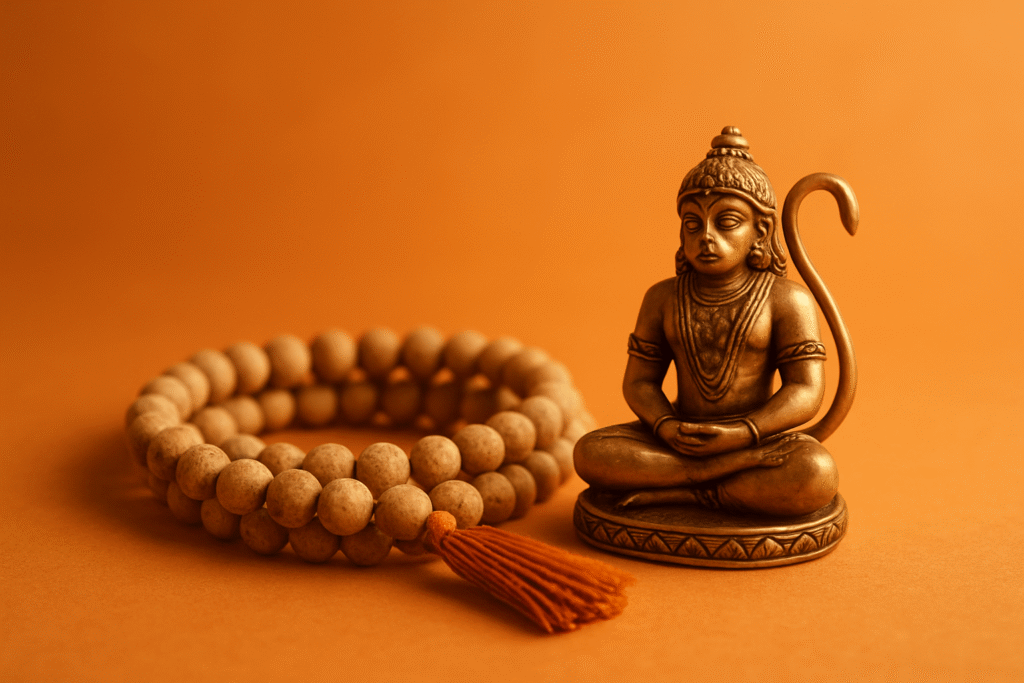 Illustration of Lord Hanuman Ji in HD with golden adornments and text ‘12 Powerful Names of Lord Hanuman’ for devotional article