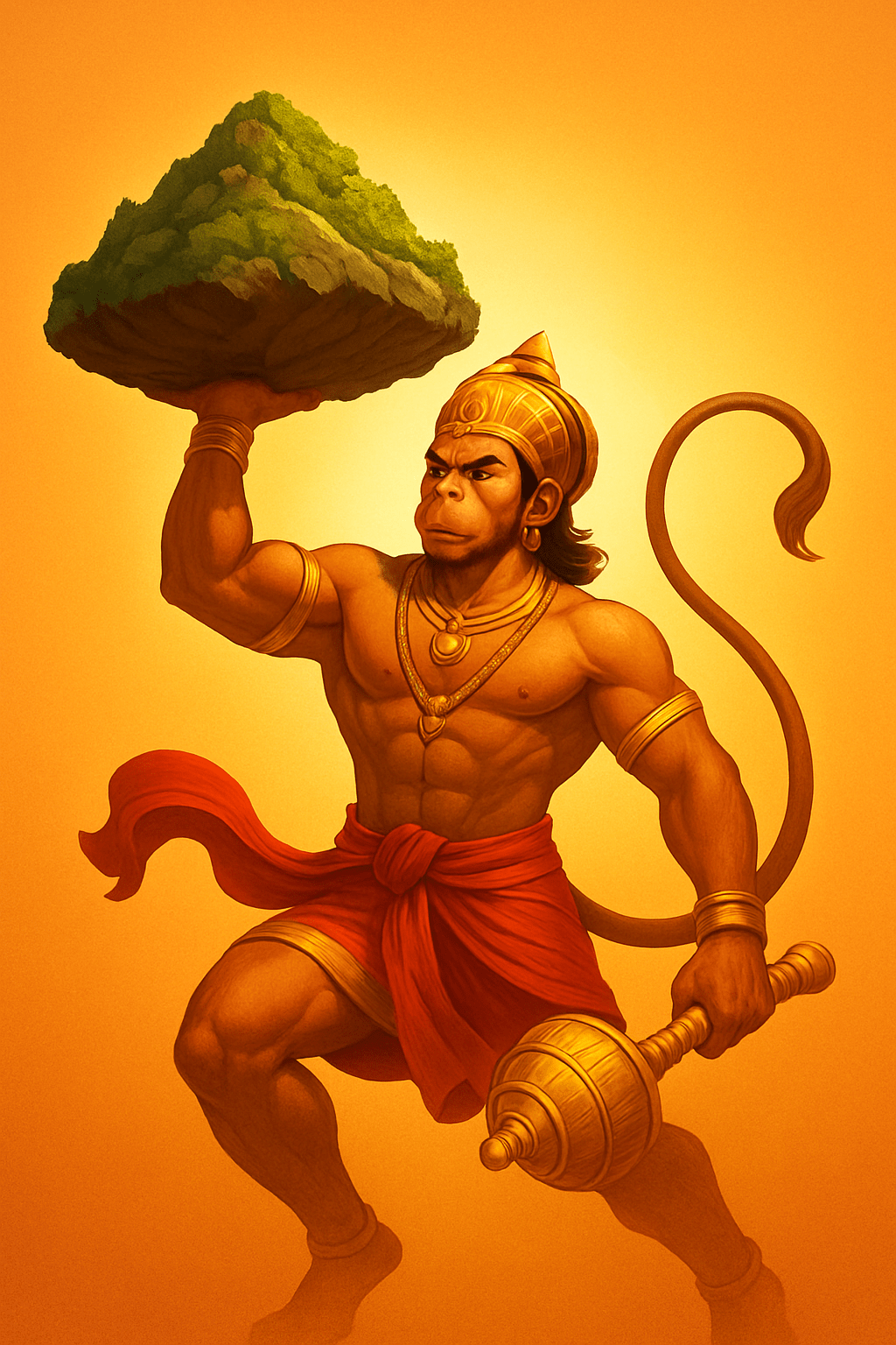 High-resolution image of Lord Hanuman Ji holding a mace with text ‘12 Powerful Names of Lord Hanuman’ and saffron-orange background