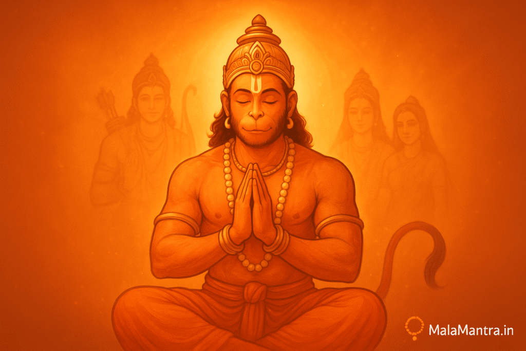 Hanuman Ji meditating with folded hands in front of Lord Rama and Sita – MalaMantra.in