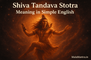 Lord Shiva performing Tandava dance in cosmic background with glowing divine light – MalaMantra.in