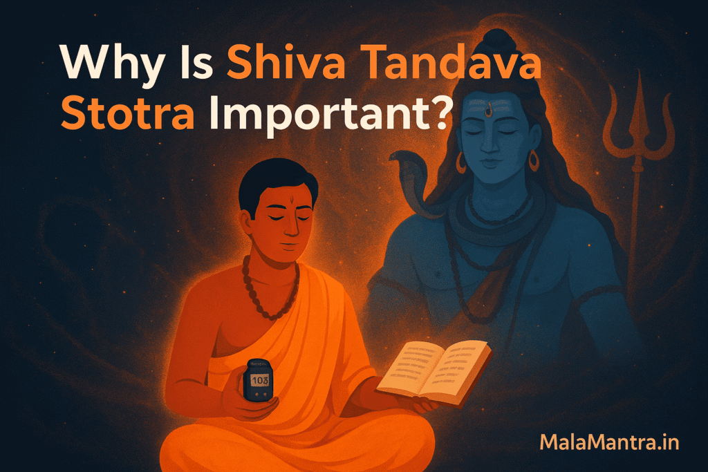 Devotee chanting Shiva Tandava Stotra in front of Lord Shiva’s divine image with cosmic glow – MalaMantra.inDevotee chanting Shiva Tandava Stotra in front of Lord Shiva’s divine image with cosmic glow – MalaMantra.in