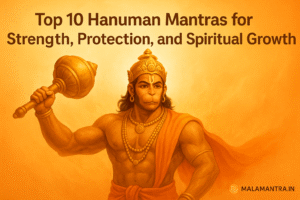 Featured image of Lord Hanuman Ji with text ‘Top 10 Hanuman Mantras for Strength, Protection, and Spiritual Growth’ and Malamantra.in branding for devotional blog