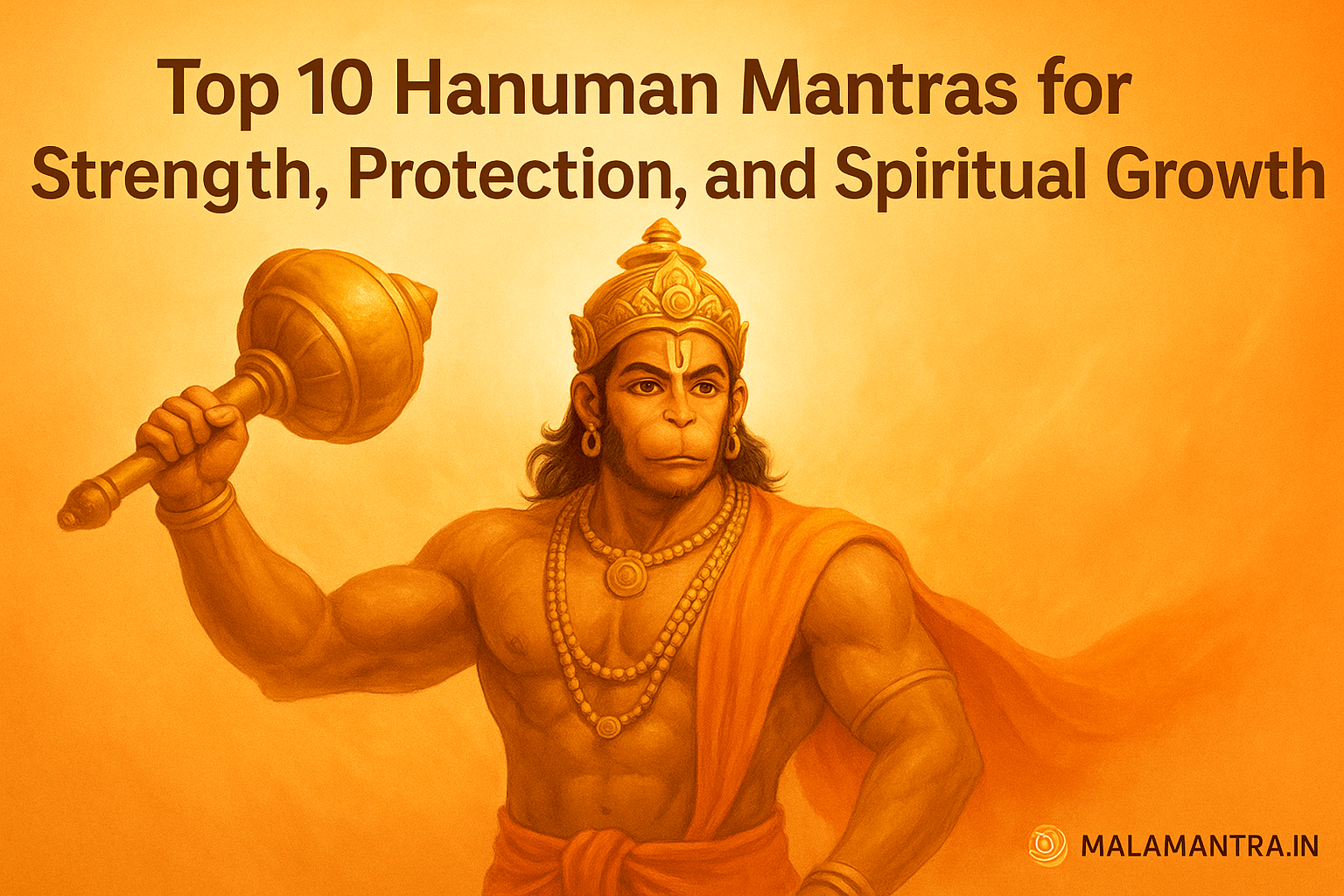 Featured image of Lord Hanuman Ji with text ‘Top 10 Hanuman Mantras for Strength, Protection, and Spiritual Growth’ and Malamantra.in branding for devotional blog