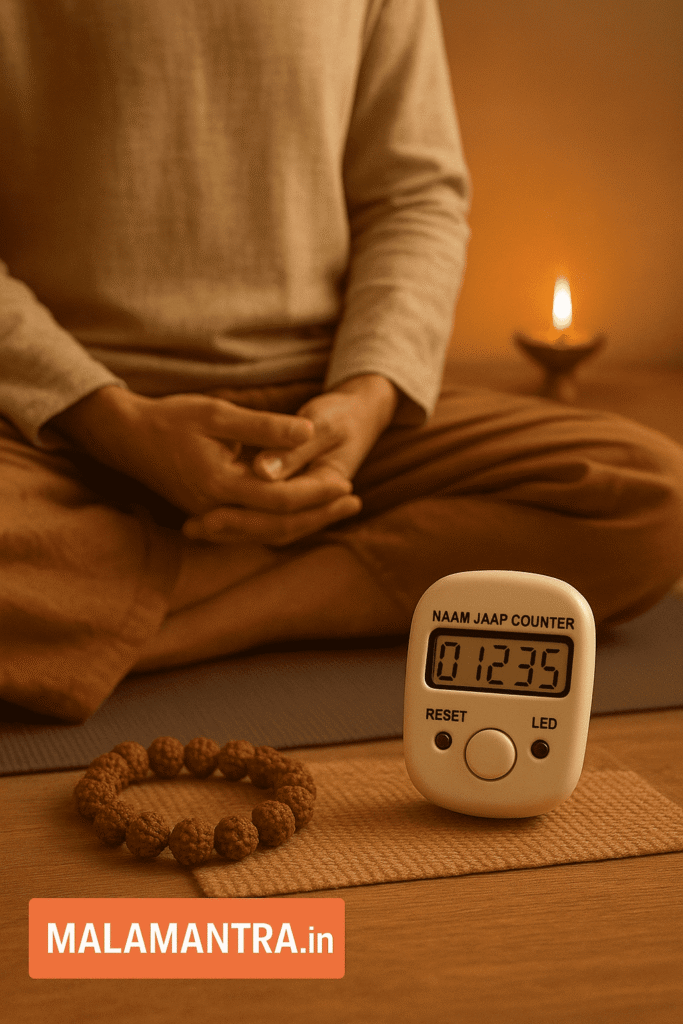 Digital Naam Jaap Counter displayed in a calm spiritual setting with warm lighting, promoting mindfulness and easy mantra counting – MalaMantra.in
