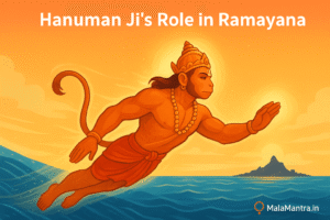 one of the role in ramayan- Hanuman Ji flying over the ocean towards Lanka with divine aura – MalaMantra.in