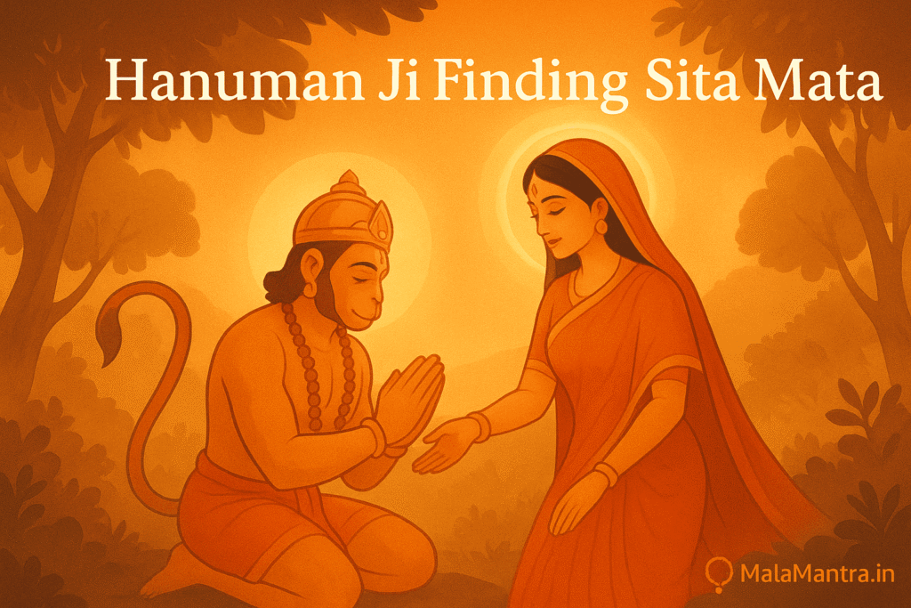 Hanuman Ji meeting Sita Mata in Ashoka Vatika with glowing divine energy – MalaMantra.in