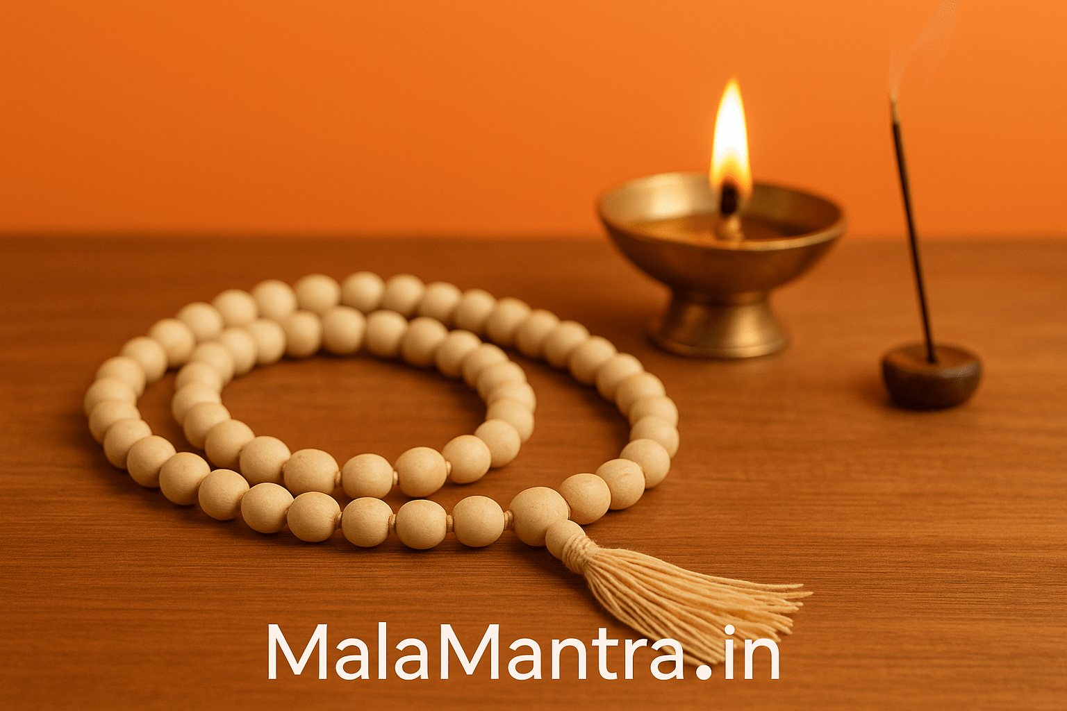 Close-up image of Tulsi Jaap Mala on wooden surface with lit diya and soft saffron-orange background – MalaMantra.in