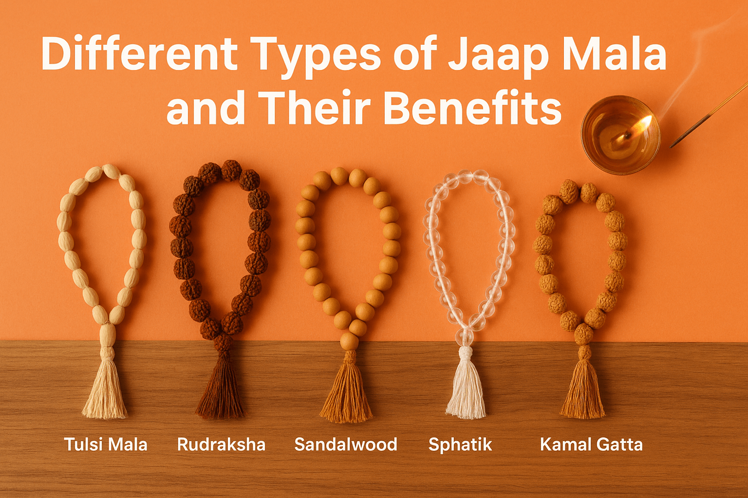 Different types of Jaap Mala – Tulsi, Rudraksha, Sandalwood, Sphatik, and Kamal Gatta with MalaMantra.in branding