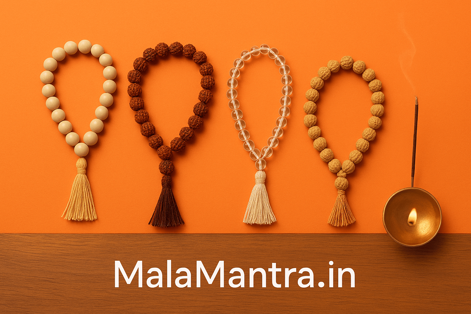 Spiritual altar with multiple types of Jaap Mala – Tulsi, Rudraksha, Sandalwood, Sphatik, Kamal Gatta – and diya, incense on saffron-orange background – MalaMantra.in