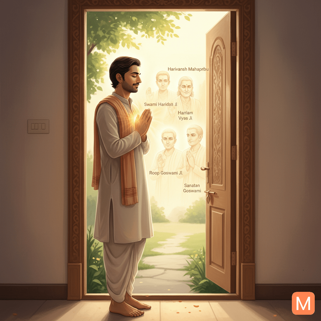 Devotee remembering five saints before leaving home for divine protection.