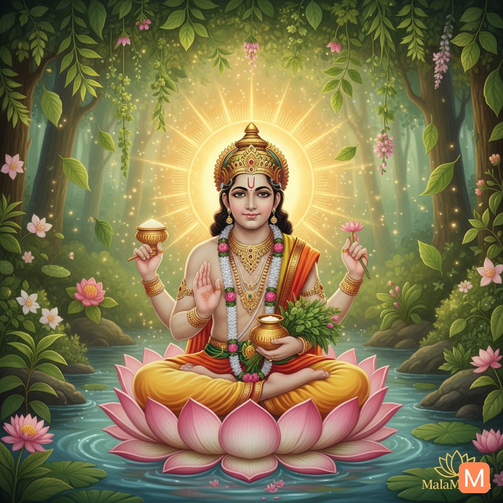 Lord Dhanvantari holding Ayurvedic herbs and pot of Amrit, golden aura, representing the origin of Ayurveda - MalaMantra