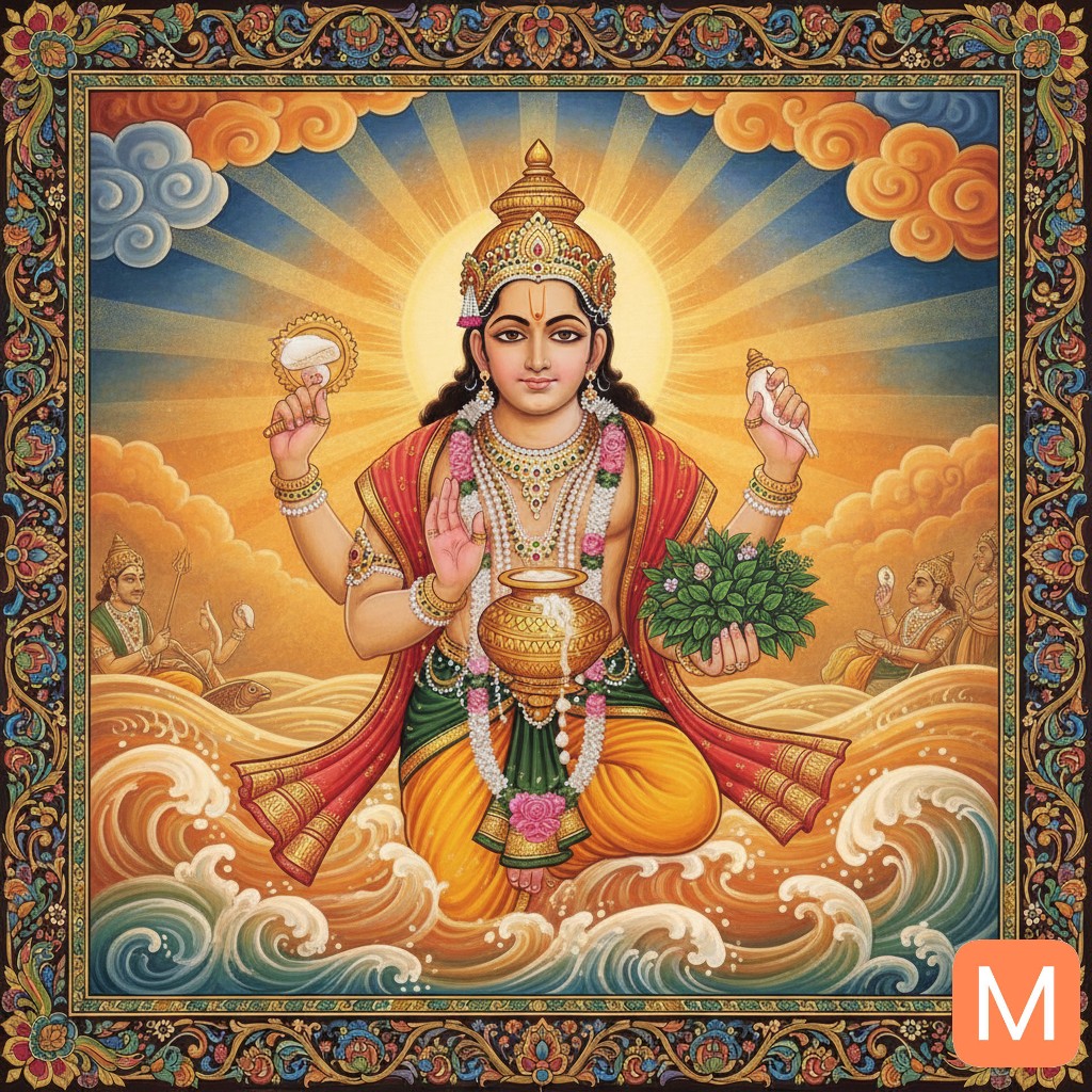 Lord Dhanvantari emerging from the ocean with Amrit and sacred herbs, golden divine light, celebrating Dhanteras - MalaMantra