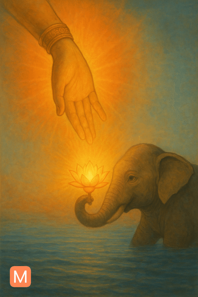 Gajendra offering lotus to Lord Vishnu during struggle – Gajendra Moksha Story
