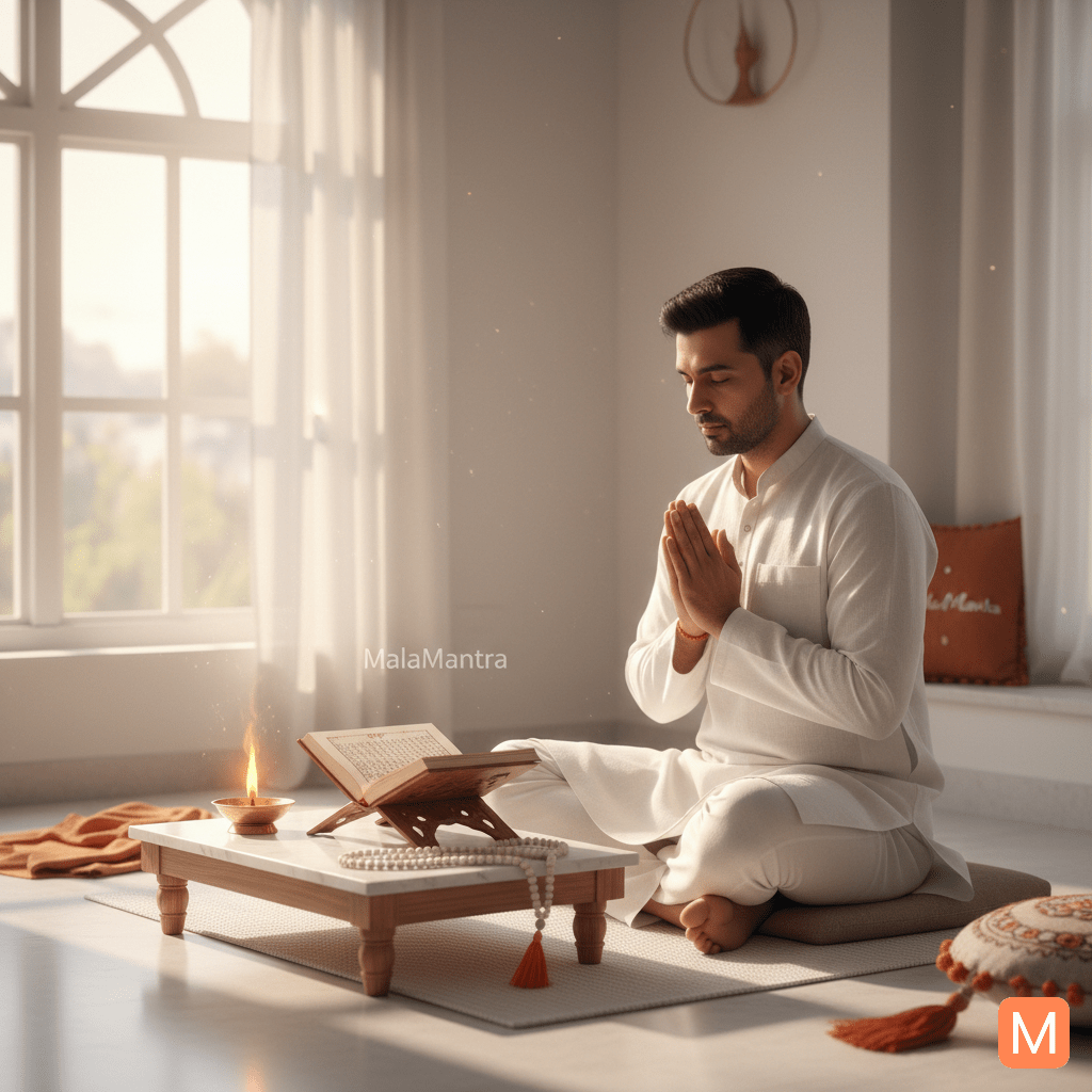 Devotee reading Gajendra Moksha Path in morning with Tulsi mala and diya